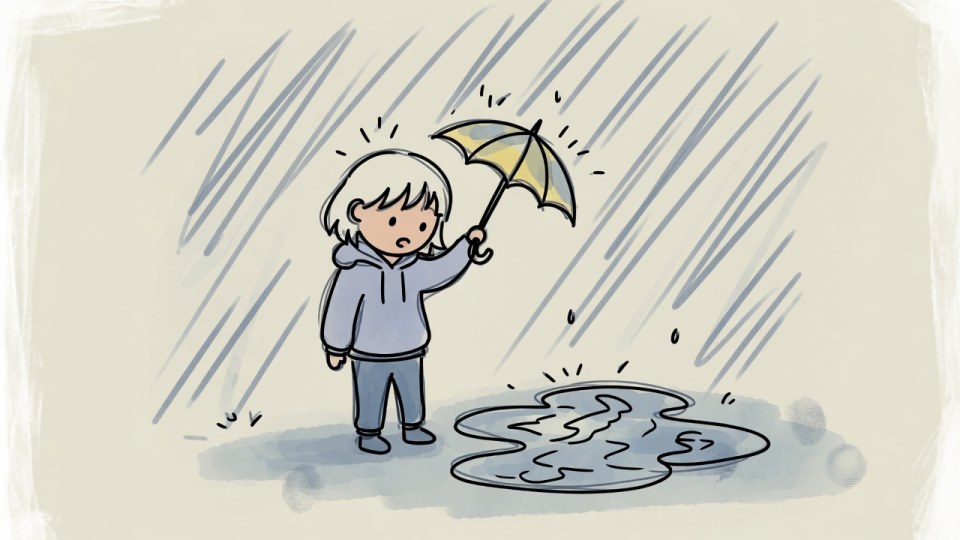 Draw a person standing in the rain